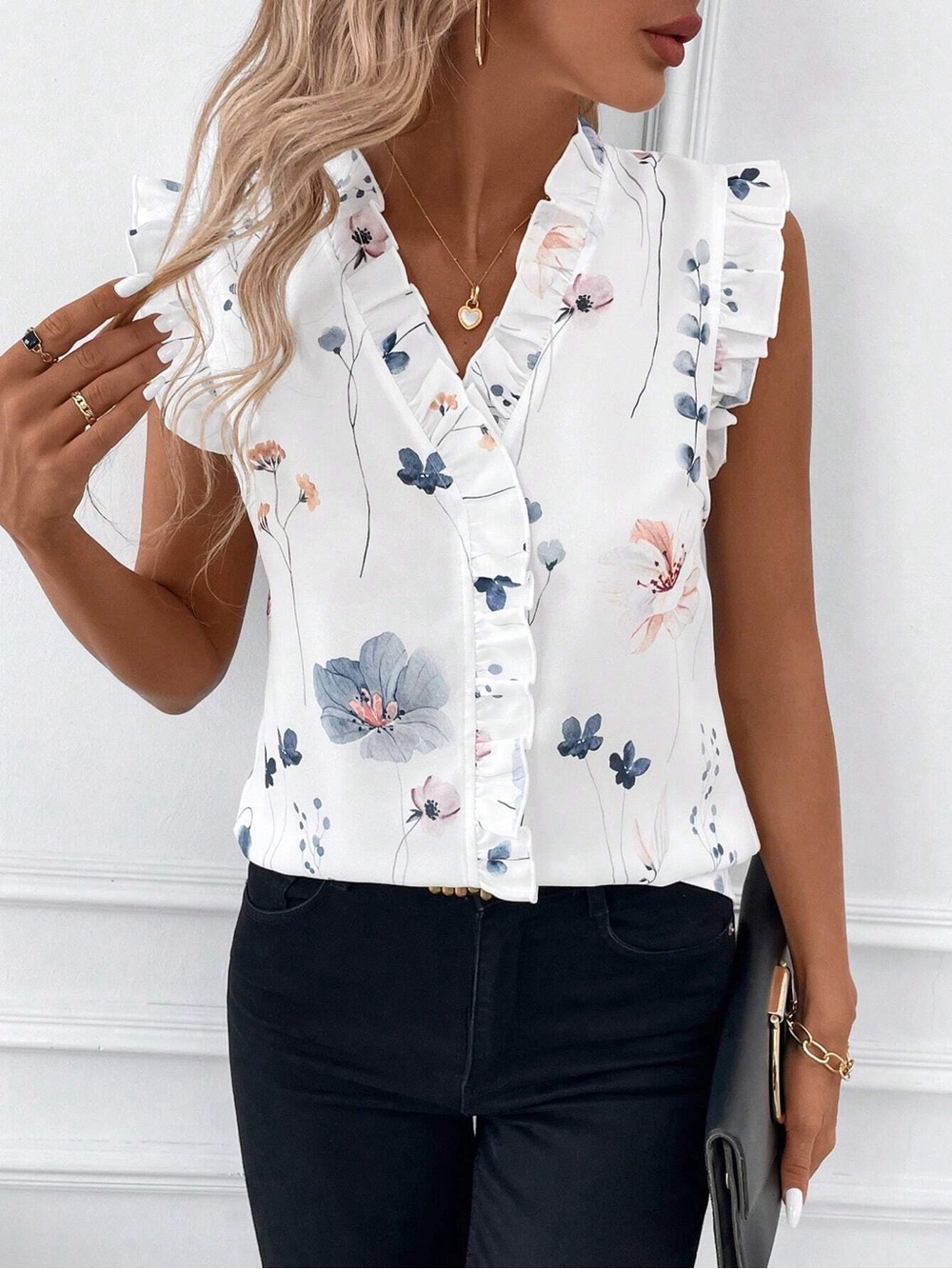 SHEIN White Floral Ruffle V-Neck Sleeveless Top
